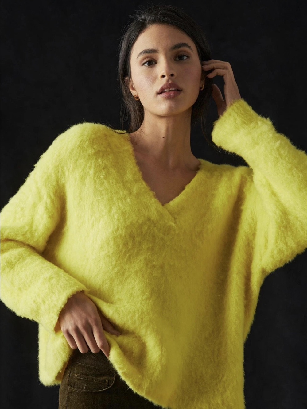 NEW Anthropologie Maeve Plush V-Neck Cozy Pullover Neon Yellow
